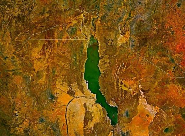 Satellite image of Lake Turkana: Note the jade color. The Omo River enters at the top. The river visible on the lower left is the Turkwel, which has been dammed for hydroelectric power.