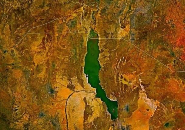 Satellite image of Lake Turkana illustrating its beautiful jade color. Due to amazing fossilised finds, the site is considered the cradle of humankind.