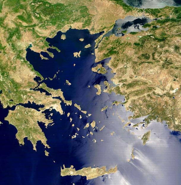 Satellite view of the Aegean Sea.