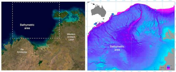 Left: Satellite image of the submerged northwest shelf region. Right: Drowned landscape map of the study area. (US Geological Survey, Geoscience Australia/The Conversation)