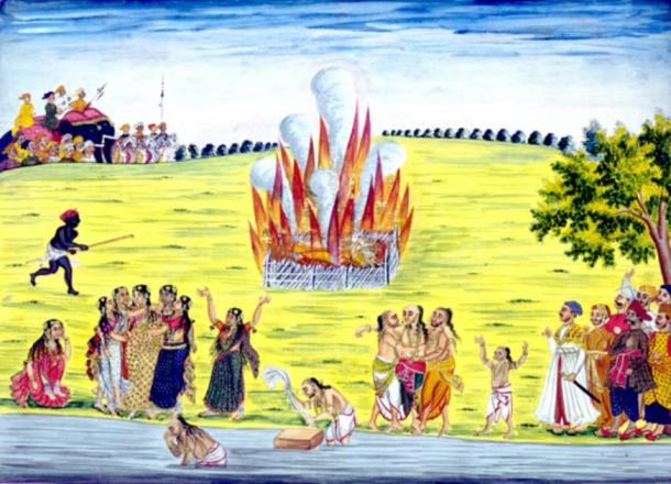 Sati, an old Hindu tradition of a widow immolating herself after her husband's death, usually on her husband's funeral pyre. (Unibond / Public Domain)