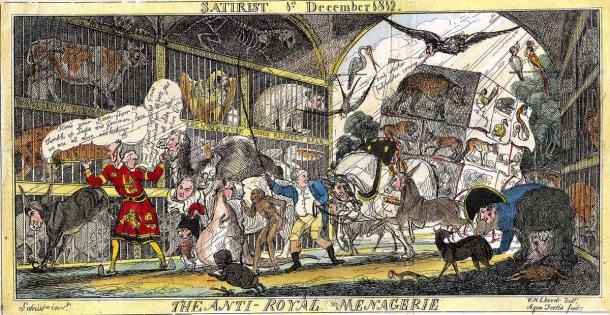 Satirical cartoon based on the existence of a royal menagerie at the Tower of London. (Public domain)