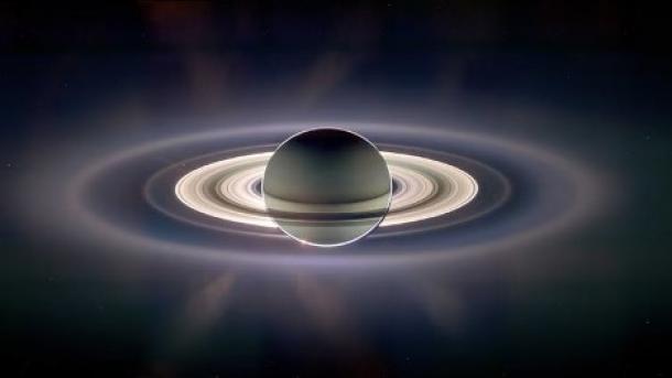 Saturn backlit by the Sun, taken by the Cassini spacecraft. 