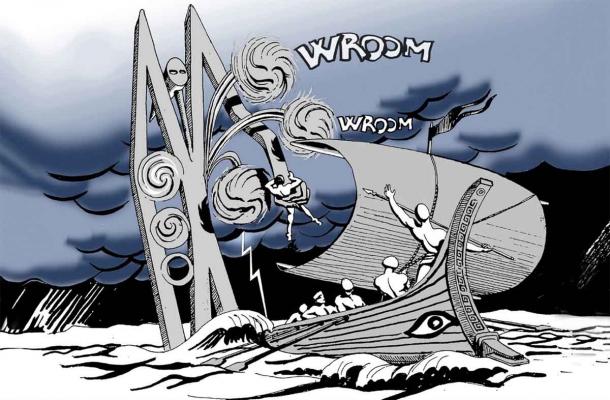 Saverio’s imagining of the bridge towers as monsters attacking passing ships. (Courtesy of Saverio Adriano Marchisciana)