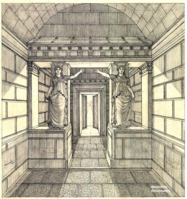 Scaled representation of how the caryatid sculptures would have once looked inside the Amphipolis tomb