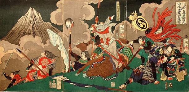 Scene featuring samurai, Yamamoto Kansuke (1501-1561), who was killed in the battle of Kawanakajima. He is thought to have written the majority of the text.