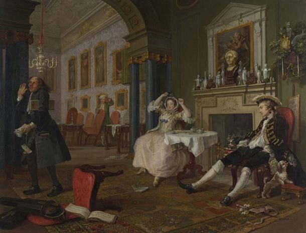 Scene from ‘Marriage à-la-mode’ by William Hogarth. The marriage is suffering - the husband and wife are going their separate ways - as evidenced by their state of overindulgence and disinterest in one another
