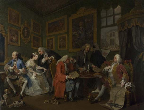 Scene from ‘Marriage à-la-mode’ by William Hogarth showing a marriage settlement
