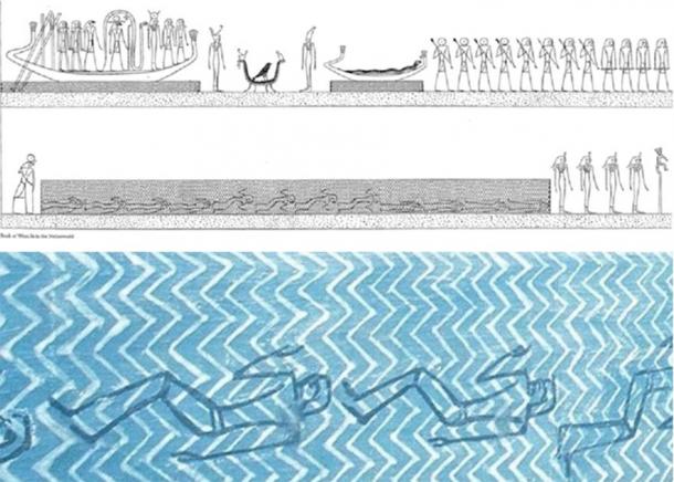 Top: Scene from Tomb KV-35, Amenhotep II, Amduat, Tenth Hour; showing drowned men in water, similar to the Exodus drowning. These are innocent men who were denied a regular burial and who will be resurrected by Horus from drowning. Bottom: Close-up of the same panel, showing the drowned soldiers underwater, in the waters of Nun, dead but to be revived later. (Piankoff and Rambova, 1954)