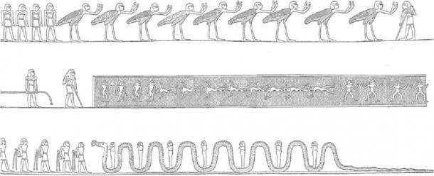 Scene from Tomb KV-9, Ramses VI, Book of Gates, Ninth Hour, showing drowned men in water, similar to the Exodus drowning. These men will be revived again by the waters, to become Ba-birds, seen on the upper register. Meanwhile, the enemies of Horus are bound and lined up along the bottom register to meet their fate: the giant fire-breathing serpent Khet, who will consume them. (Piankoff and Rambova,  1954)
