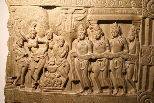 Scenes from the Buddha’s life carved in greyish limestone during the Ikshvaku dynasty in the 3rd century AD, which was found at the original Nagarjunakonda site. (Rabe! / CC BY-SA 4.0)