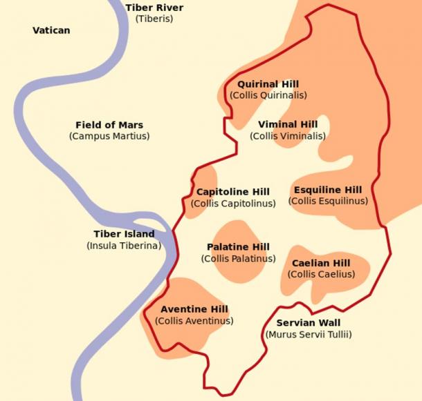 Schematic map of Rome showing the Seven Hills of Rome, including Quirinal Hill. 