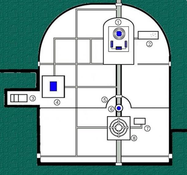 Scheme of the temple of Heaven in China.  1 = Hall of prayer for Good Harvests. 2 = Seven-Star Stone Group. 3 = Imperial Music Store. 4 = Fasting Palace. 5 = Echo Wall. 6 = Imperial Vault of Heaven. 7 = Divine storehouse. 8 = Circular Mound Altar. (CC BY-SA 3.0)