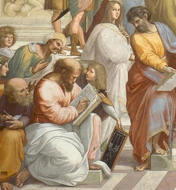 In Raphael's fresco The School of Athens, Pythagoras is shown writing in a book as a young man