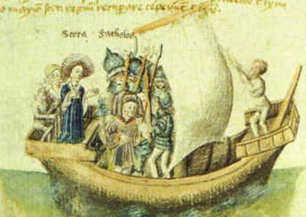 Una representación del siglo XV del viaje de Scota desde Egipto.