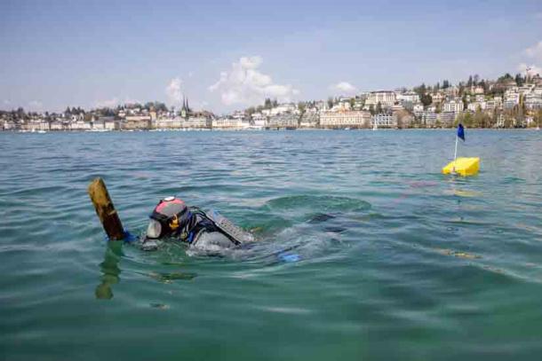 A scuba-diving archaeologist brings a part of the stilt house village found beneath Lake Lucerne to the boat. (Canton Lucerne)