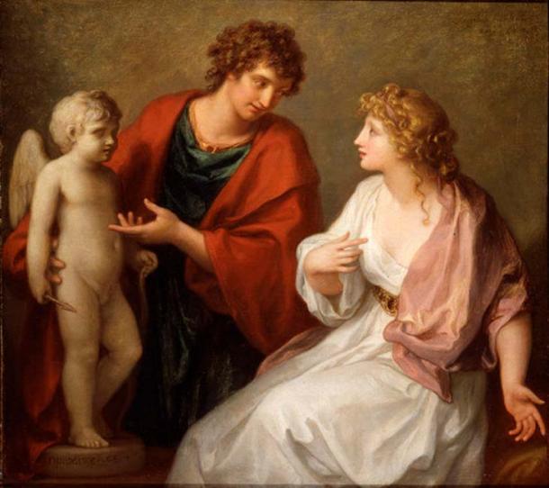 Sculptor Praxiteles offering a statue of Cupid (his favorite work) as a gift to Phryne. (1794) By Angelica Kauffman. 