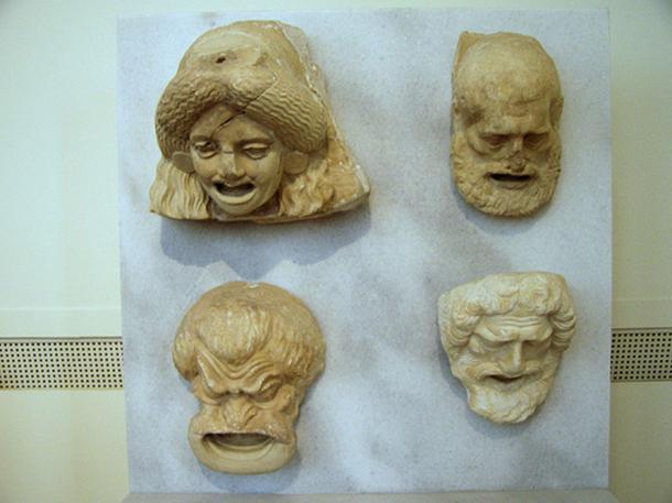 Sculptures of theater masks dating from the Hellenistic period. Currently on display in Room 30 of the National Archaeological Museum in Athens