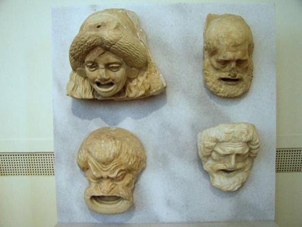 Sculptures of theater masks dating from the Hellenistic period. Currently on display in Room 30 of the National Archaeological Museum in Athens. 