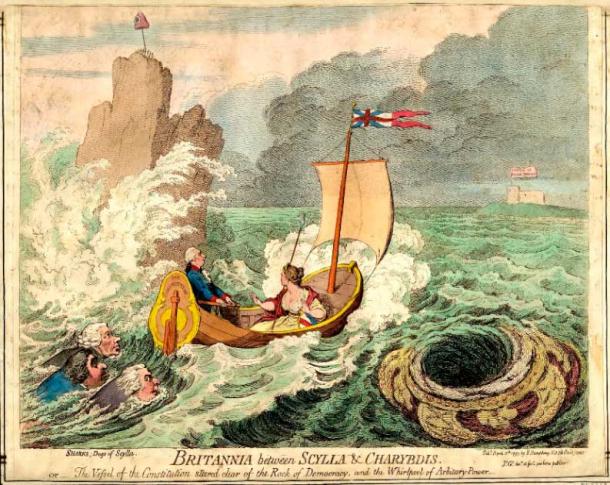 The myth of Scylla and Charybdis became a metaphor for difficult decisions. Etching of Britannia between Scylla and Charybdis, 1793 (Public Domain)