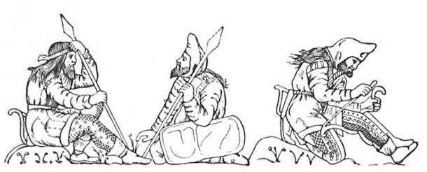 Scythian warriors, drawn after figures on an electrum cup from the Kul'Oba kurgan burial near Kerch. The warrior on the right is stringing his bow, bracing it behind his knee. Hair seems normally to have been worn long and loose, and beards were apparently worn by all adult men. The other two warriors on the left are conversing, both holding spears or javelins. The man on the left is wearing a diadem and therefore is likely to be the Scythian king.