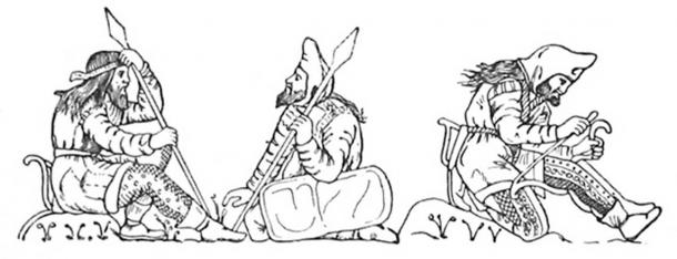 Scythian warriors, drawn after figures on an electrum cup from the Kul'Oba kurgan burial near Kerch.