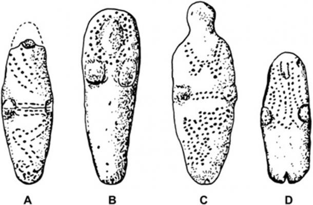 Selected Basketmaker III unfired clay figurines exhibiting punctate designs that may represent body decoration. (A) Segi Canyon, AZ. (B, C) Prayer Rock District, AZ. (D) Canyon de Chelly, AZ. (Gillreath‑Brown et al.)