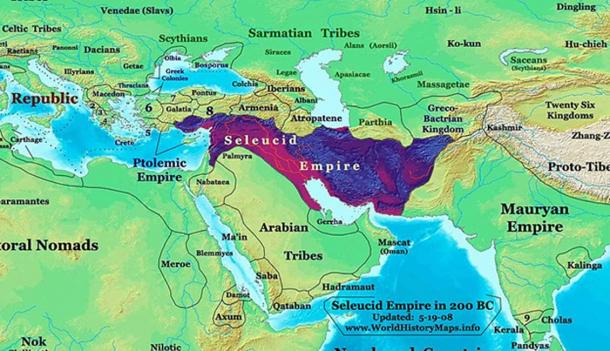 Seleucid Empire in 200 BC, with the Roman Republic to the west. (CC BY-SA 3.0)