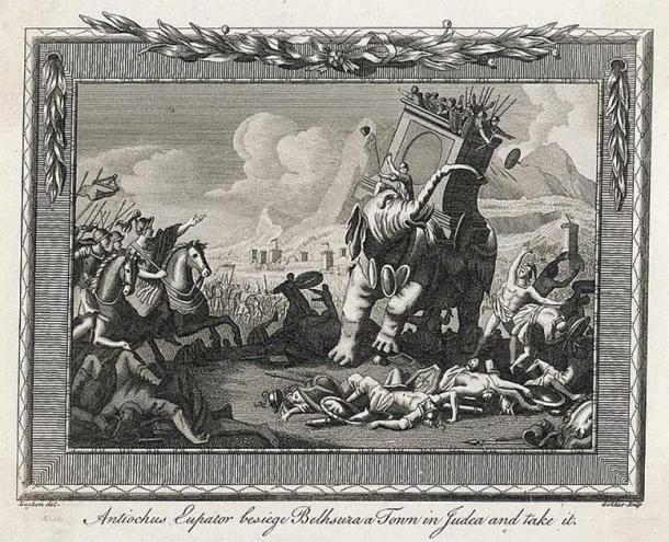 The Seleucid emperor Antiochus IV invades Judea with his elephants and takes the town of Bethsura in February 134 BC. (Public domain)
