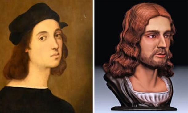 Self-portrait of Raphael (Public Domain) compared to the new facial reconstruction. (Tor Vergata University)