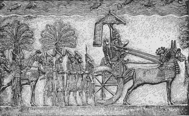 Sennacherib in his chariot during his Babylonian war, relief from his palace in Nineveh. (Public Domain)