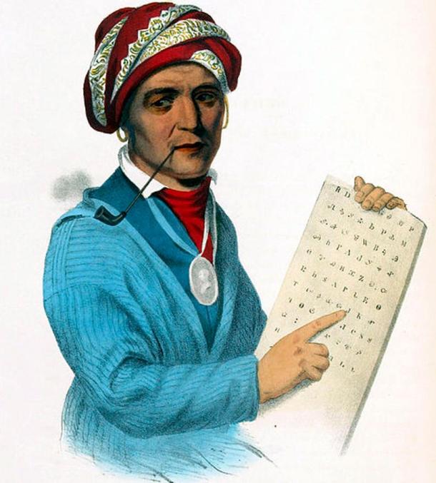 Sequoyah with a tablet depicting his writing system for the Cherokee language. Sequoyah was a Cherokee however he embraced the news ways as opposed to Tsali who was a traditionalist