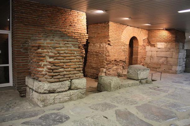 An ancient part of Serdica fortress alongside some modern architectural features