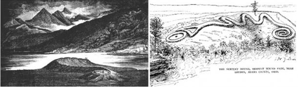Left: Serpent Mound at Loch Nell taken from Constance Cumming's In the Hebrides (1883). Right: The  Serpent Mound in Ohio
