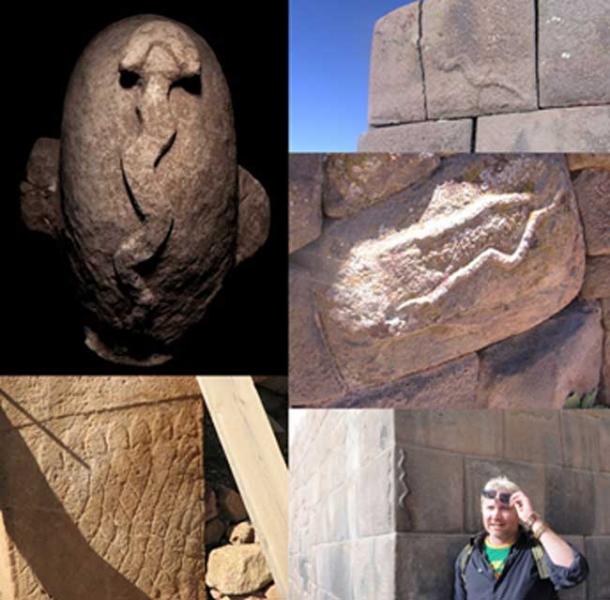 Arriba a la izquierda: talla de serpiente de Nevali Cori.  Abajo a la izquierda: Serpientes en Gobekli Tepe.  Arriba a la derecha: Sillustani, Perú.  Medio a la derecha: Cutimbo, Perú.  Abajo a la derecha: Cuzco, Perú con el autor.