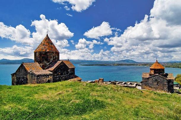 Sevanavank Monastery on the northwestern shore of Lake Sevan, Armenia. Iron casting furnaces dating back to the second millennium BC have been found regionally. 