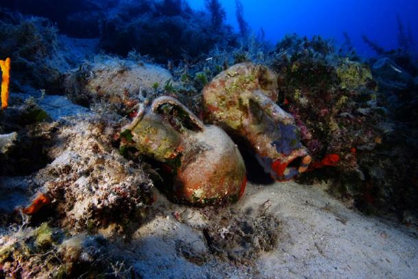 Several amphorae found at a shipwreck site