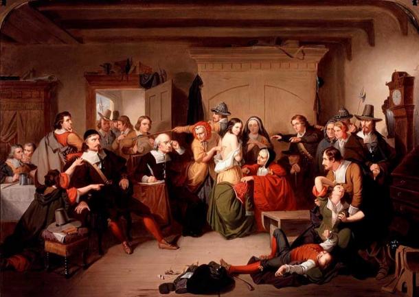 Several execution sermons were written during the time of the Salem witch trials which took place between 1692 and 1693. Examination of a Witch (1853) by T. H. Matteson, was inspired by the Salem trials. (Public domain)