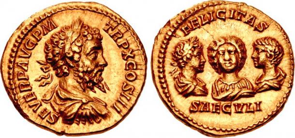 Septiums Severus, depicted with his wife Julia Domna, and his sons Caracalla and Geta, on a coin minted in 202. (Classical Numismatic Group, Inc. / CC BY-SA 2.5)