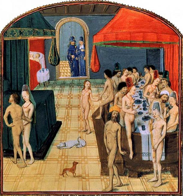 Sharing of a bathing and dining experience, France, 15th century. 