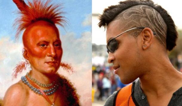 [Left] 1822 portrait of Sharitahrish, Pawnee chief with headdress and shaven hair. (Public Domain) [Right] Modern Mohawk haircut with designs