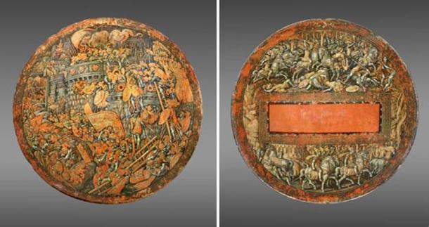 ‘Shield Showing the Storming of New Carthage’, made in Italy 1535. By Girolamo di Tommaso da Treviso. (PhilaMuseum)