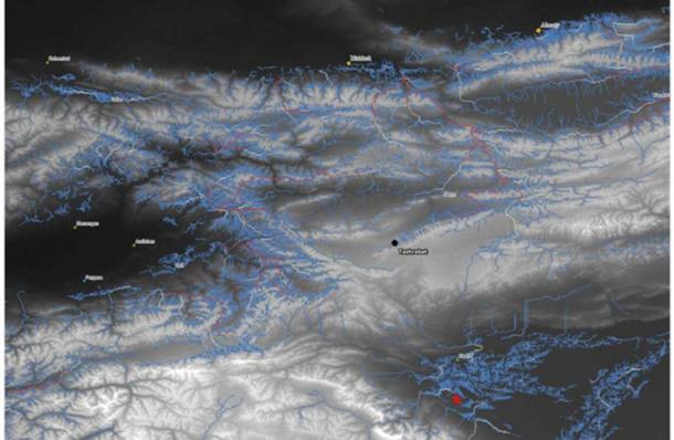 Shifting lines in this animation of the Pastoralist Participation Model show the routes predicted to be most likely used by herders descending from highland pastures (white shading) to an array of lowland sites (darker shading). The routes predicted to be traveled most heavily appear red.