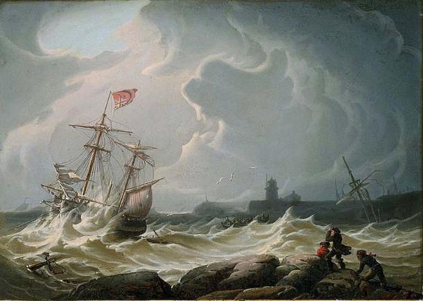 Ship In Storm by Robert Salmon. (Public Domain)
