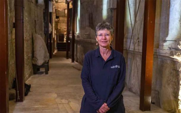 Dr. Shlomit Weksler-Bdolach, the director of the excavations in the Western Wall Tunnels, presenting the newly unveiled banquet hall. (Yaniv Berman / Israel Antiquities Authority)