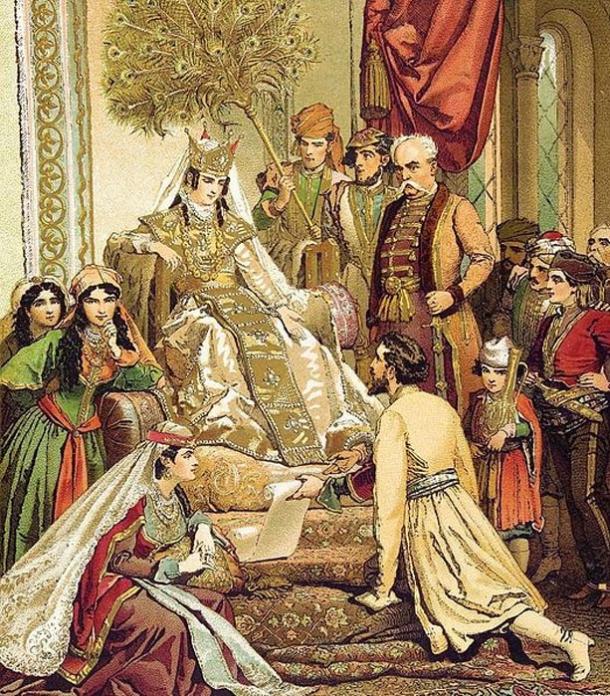 Shota Rustaveli presents his poem to Queen Tamar, a painting by the Hungarian artist Mihály Zichy (1880s) 