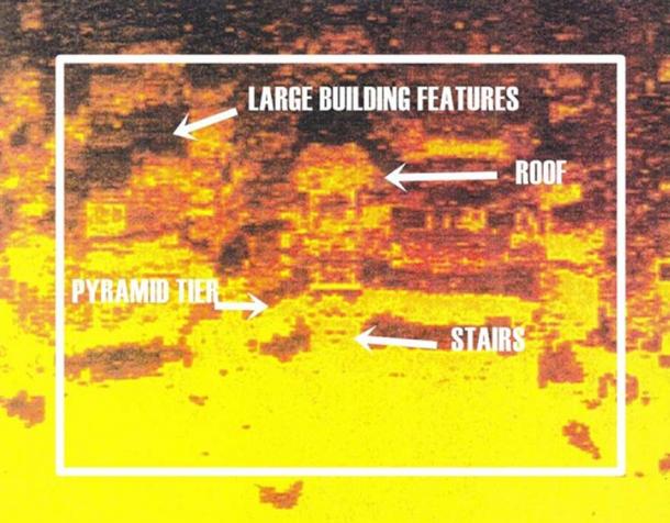 Side sonar scan off the coast of Bimini at 130 feet under the water. This color image reveals the staircases, doors, and the roof of a pyramid complex. (Image provided by William Donato and ARE).