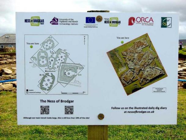 Signboard at the Ness of Brodgar excavation site showing plans of the buildings uncovered so far (Image: © Andrew Collins).