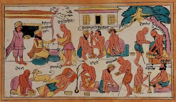 Sikh ascetics misbehaving: preparing drugs, slothfulness, begging, teaching the young wrong ways. Colored transfer lithograph. 