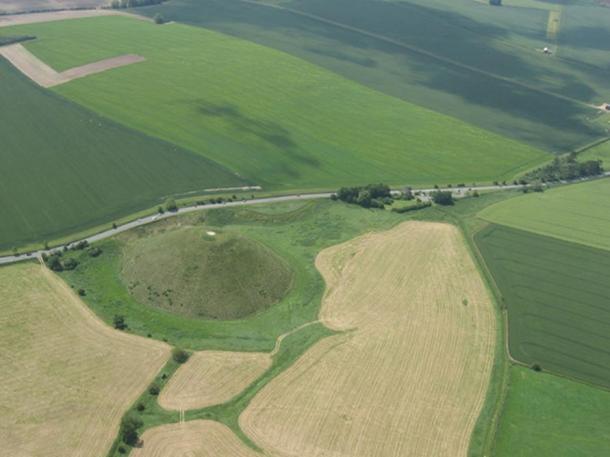 Aerial view of Silbury Hill and the A4 road.